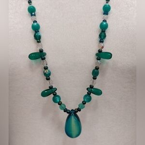 Green Glass Bead Necklace and Earrings Set Sterling Clasp
